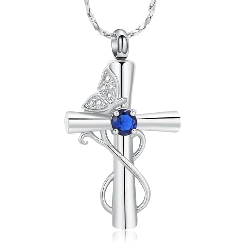 Imrsanl Butterfly Cremation Jewelry Cross Urn Necklace for Ashes | Ashes Holder Keepsake, Human Pet Funeral Memorial Pendant, For Women, In Memory of a Beloved - color: Silver-Blue