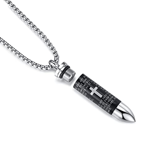 Mens Urn Necklace For Ashes Bullet Shape Cross Cremation Urn Jewelry - color: Silver-Black