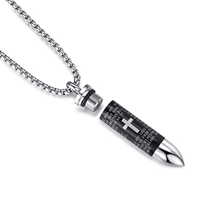 Mens Urn Necklace For Ashes Bullet Shape Cross Cremation Urn Jewelry - color: Silver-Black