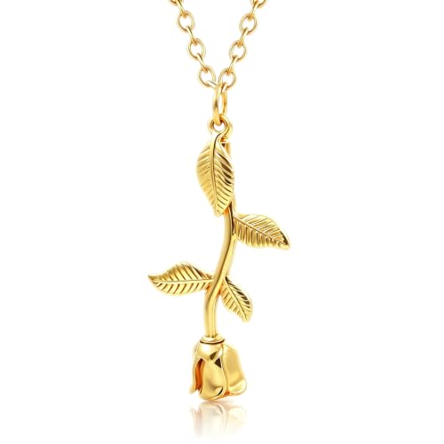 Eternal Rose Cremation Necklace - Stainless Steel Memorial Urn Pendant with Leaf & Stem for Ashes, Keepsake Jewelry for Loved Ones - color: Gold-Gold