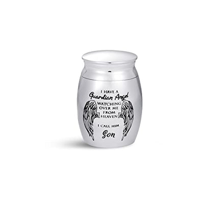 Men Son My Guardian Angel Mini Cremation Urns for Human Ashes Holder for Family Grandpa Grandfather Grandpapa Memorial Keepsake Stainless Steel 1.6"" Angel Wings - color: "Son, My Guardian Angel"