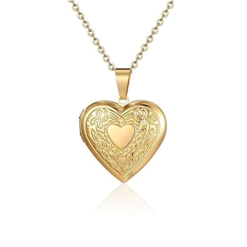 Vintage Heart Shape Antique - inspired Floral Etchings Locket Picture Pendant Necklace for Women Anniversary Birthday Gift-Silver - color: Gold