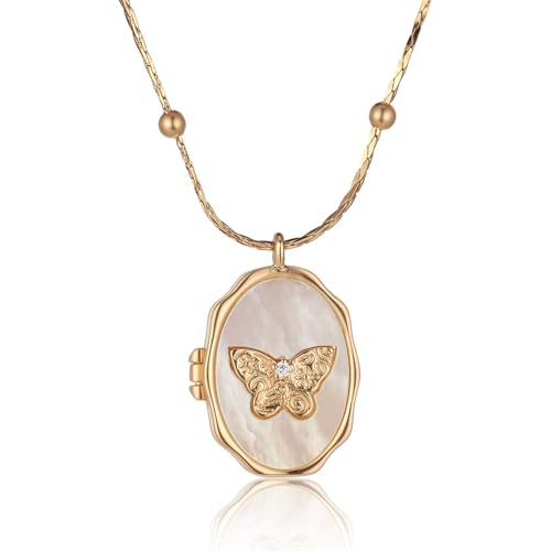 Vintage Gold Locket Necklace 14K Gold Plated Dainty Butterfly Oval Pendant Chain Necklace Shell Locket Pendant Memorial Charm for Women Jewelry Gift