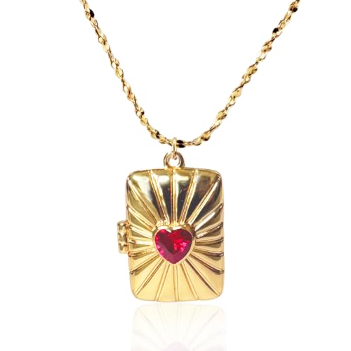 Vintage Gold-Tone Rectangular Locket Necklace with Red Heart | 14k Gold Plated locket, Easy Open and Close, Customizable Photo, Ideal for Mother's Day, Christmas & Valentine's