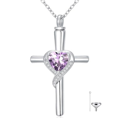 TOUPOP Cross Urn Necklaces for Ashes Birthstone Cremation Jewelry 925 Sterling Silver Cross Memorial Keepsake Funeral Jewelry for Women (with Funnel Filler) - color: 06-June-Alexandrite