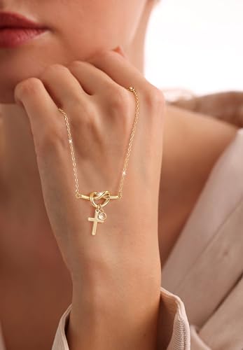 Moodear Cross Bracelet for Women, Dainty Sterling Silver/Gold Plated Gift | Christian Religious Gifts for Teen, Stocking Stuffers, Adjustable Link Bracelets, Sparkling CZ Cross, Non Tarnish Jewelry - color: Gold Knot Cross Bracelet