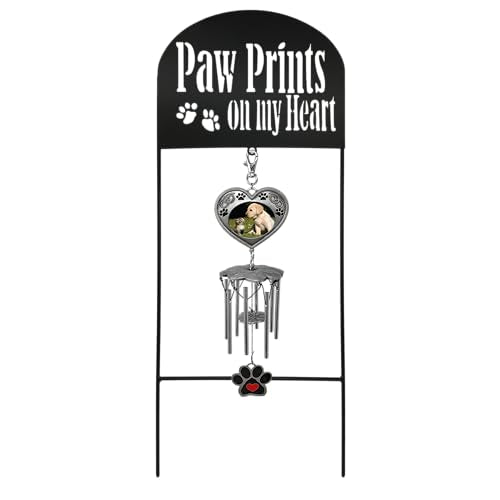 Pet Memorial Garden Stake with Wind Chimes & Photo Frame – Paw Prints on My Heart Pet Loss Gift for Dog or Cat Memorial – Black Wrought Iron Outdoor Grave Marker Sympathy Gift – 22.5"