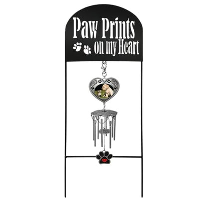 Pet Memorial Garden Stake with Wind Chimes & Photo Frame – Paw Prints on My Heart Pet Loss Gift for Dog or Cat Memorial – Black Wrought Iron Outdoor Grave Marker Sympathy Gift – 22.5"