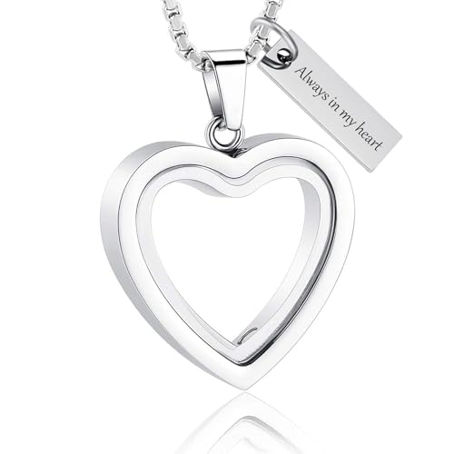 zeqingjw Glass Cremation Jewelry Necklace for Ashes Heart Memorial Lockets for Ashes Stainless Steel Keepsake Urn Ashes Pendants - color: Silver-Always in my heart