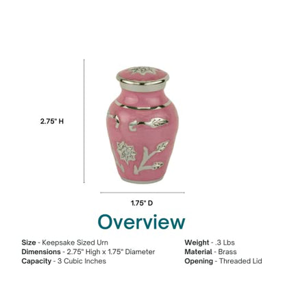 Grace Dark Pink Keepsake Cremation Urn for Ashes, Brass, Pink Urn, Keepsake Sized Cremation Urn, 3 Inches High - color: Dark Pink