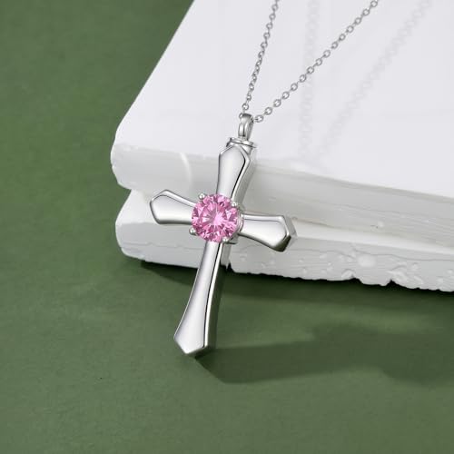 YYB Urn Necklace for Ashes Women Heart Birthstone Cross Cremation Jewelry | Memorial Keepsake Funeral Jewelry for Loved Ones (with Funnel Filler) - color: 10--Pink Tourmaline October