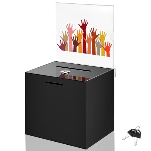 Marsui Acrylic Suggestion Donation Box 8 x 8 x 7 Inch Large Safe Ballot Box with Lock and Sign Holder for Voting Charity Business Cards Collection Display Ticket Comment (Black) - color: Black, size: 8 x 8 x 7 Inch