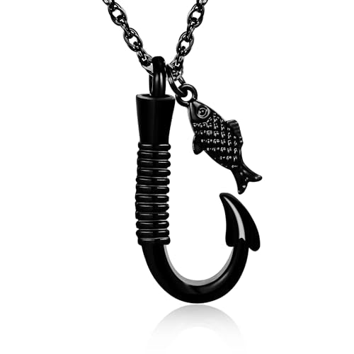 Gredstar Fish Hook Urn Necklace for Ashes, Fishing Memorial Keepsake | Fish Hook Design, Stainless Steel, Secure Screw Closure, Ash Holder, Fishing Theme, Funnel & Gift Box Included - color: BLACK