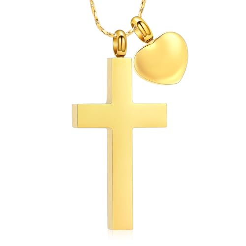 Imrsanl Religious Cross Urn Necklace Cremation Jewelry Keepsake | Stainless Steel, Memorial Urn Pendant, For Human Pet Ashes, For Women Men - color: Gold with Heart