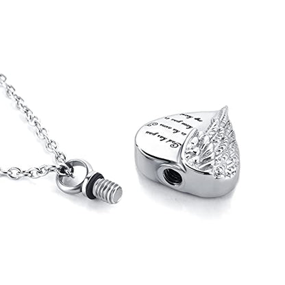 Angel Wing Heart Cremation Urn Necklace for Human Ashes Keepsake Memroial Jewelry God Has You in His Arms I Have you in My Heart - style: Silver-Grandma