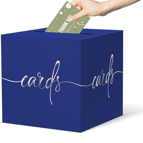 Dark Blue Card Box with Silver Foil Design, Paperboard 8.7" Card Box for Birthday Wedding Party Graduation Retirement Anniversary Valentine's Day & Baby Showers, Raffle or Money Box - color: Dark Blue Card Box with Silver Foil, size: 8.7×8.7×8.7Inch(1 Pac