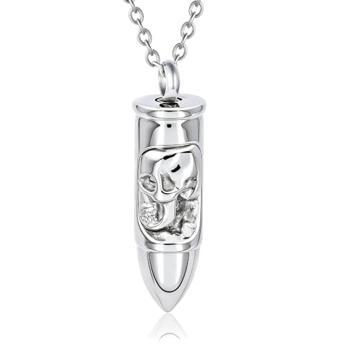 SIYUU Skull Bullet Urn Necklace for Ashes Stainless Steel Punk Cremation Keepsake Jewelry for Men Skeleton Bullet Urn Pendant Necklace Personalized Gothic Skull Bullet Memorial Jewelry - color: Silver