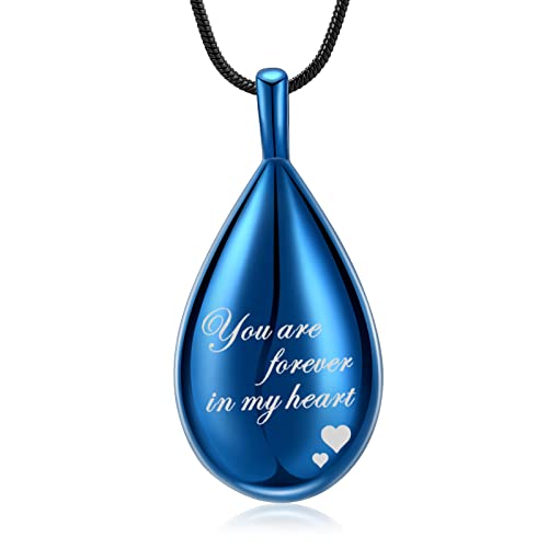 Urn Pendant Necklace Teardrop Cremation Jewelry for Ashes Memorial Keepsake for Women Jewelry Funeral Ashes Holder Collarbone Necklace You are forever in my heart - color: Blue