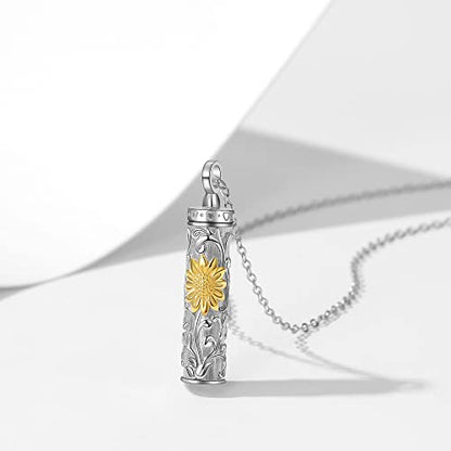Sterling Silver Flower Tree Life Cremation Urn Necklace for Women - color: Cylin *Sunfl. 1 (GP)
