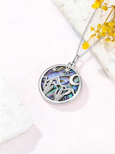 Urn Necklace for Women Sterling Silver Meaningful Memorial Jewelry | Paw Print/Butterfly/Dragonfly/Bird/Dolphin/Mountain/Tree of Life Urn Necklace for Ashes Cremation Keepsake Jewelry for Women - style: Abalone-Cactus