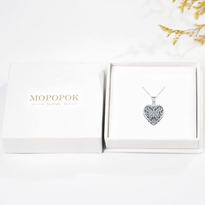 Heart Photo Locket Necklace Sterling Silver for Women | Dragonfly, Butterfly, Turtle, Dog Paw and Mother Daughter Styles, Jewelry Gifts for Mom Christmas Birthday Anniversary. - style: 2-Butterfly