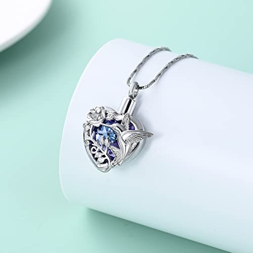 Yinplsmemory Hummingbird Cremation Jewelry Crystal Heart Urn Ashes Necklace for Women Men Memorial Keepsake Necklace of Loved One - color: Purple-Silver