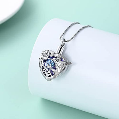 Yinplsmemory Hummingbird Cremation Jewelry Crystal Heart Urn Ashes Necklace for Women Men Memorial Keepsake Necklace of Loved One - color: Purple-Silver