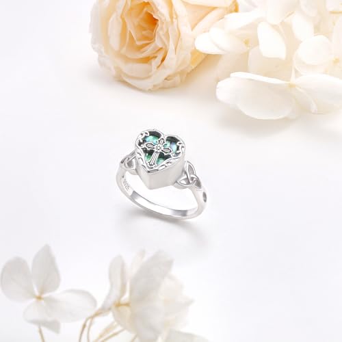 925 Sterling Silver Keepsake Cremation Urn Rings for Ashes | Sunflower Cross Celtic Knot Heart Abalone Shell Moonstone Ring Memorial Jewelry Gift for Christmas Anniversary Birthday - color: Cross celtic knot
