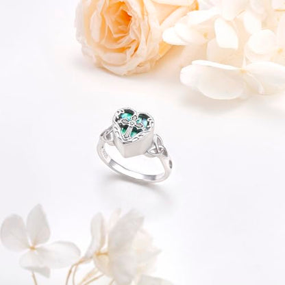 925 Sterling Silver Keepsake Cremation Urn Rings for Ashes | Sunflower Cross Celtic Knot Heart Abalone Shell Moonstone Ring Memorial Jewelry Gift for Christmas Anniversary Birthday - color: Cross celtic knot