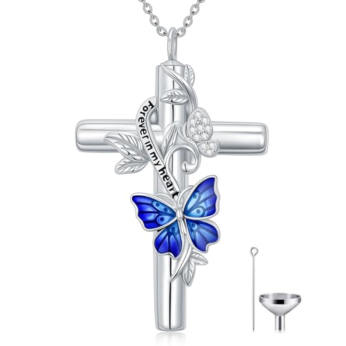 SOULMEET Enamel Butterfly Cross Urn Necklace for Ashes, Cross Moissanite Butterfly Ashes Necklaces with Forever in My Heart Engraved Keepsake Cremation Locket Jewelry for Women Men - color: A-Blue, style: Non Custom