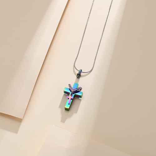 Cross Cremation Jewelry Urn Necklace for Human Ashes for Women Men With Me Always Memorial Ashes Keepsake Pendant - color: Rainbow