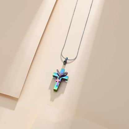Cross Cremation Jewelry Urn Necklace for Human Ashes for Women Men With Me Always Memorial Ashes Keepsake Pendant - color: Rainbow