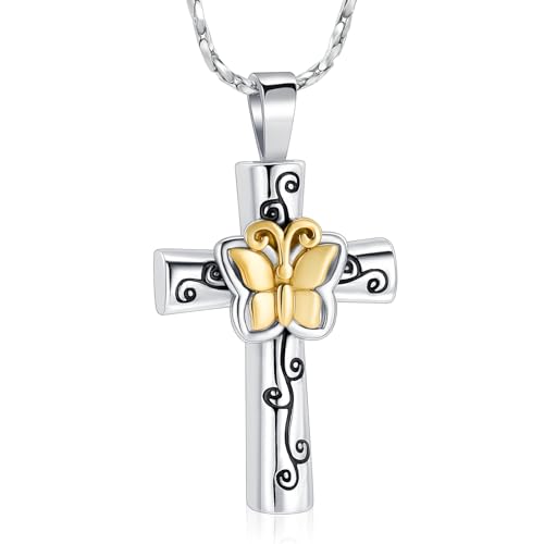 Butterfly Cross Urn Necklace for Ashes Birthstone Cremation Jewelry for Men Women Ashes Pendant Keepsake Memorial Ash Jewelry - color: Gold