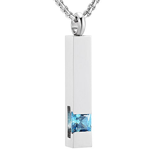 Oinsi Urn Necklaces for Ashes Crystal Cremation Urn Jewelry Birthstone Cube Urns for Human Ashes Memorial Ashes Necklace Pendant Keepsake CZ Bar Urn Locket for Men Women - color: Sliver (Light Blue Stone)