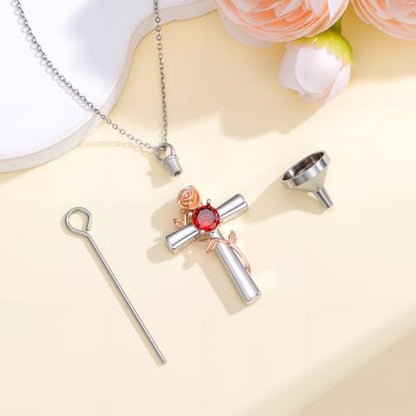 YYB Rose Flower Urn Necklaces Cross Birthstone Cremation Jewelry for Ashes Memorial Keepsake Funeral Pendant for Women - color: 07-Jul-Ruby