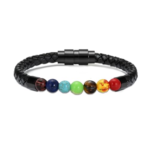 Lava Stone Urn Bracelet for Ashes Cremation Jewelry for Women Men Genuine Leather Memorial Rope Cuff Bangle Braided Bracelets Keepsake Jewelry for Loved Ones with Fill Tool 22cm - color: 7 Chakra