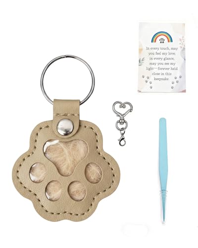 Cat & Dog Hair Keychain, Leather Dog Paw Hair Holder Fur Collection Key Chain Keepsake Pet Loss Memorial Gift - color: Khaki