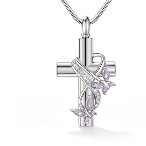XIUDA Butterfly Cross Urn Necklace for Ashes with Crystal Stainless Steel Cremation Jewelry Memorial Keepsake Ashes Pendant for Human Ashes for Women - color: Silver