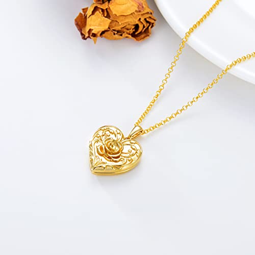 SOULMEET Sunflower/Rose/Daisy Heart Locket Necklace That Holds Pictures Keep Someone Near to You Sterling Silver/Gold Personalized Photo Locket Gift - style: A2-Solid gold rose locket+photo+text