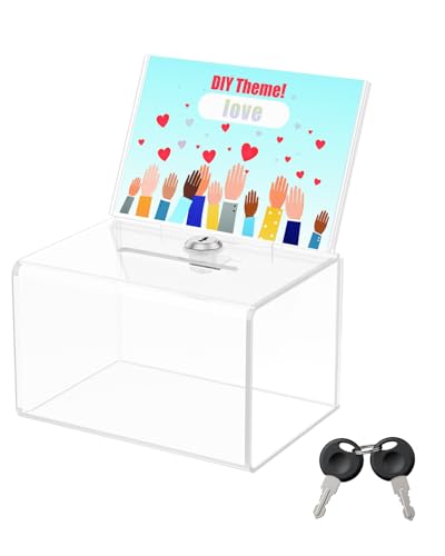Uniclife 6.3"x 4.6" x 4"Clear Thickened Acrylic Donation Box with Slot Lock | Sign holder attached, serves as plastic storage box for charity, fundraising and tip collection use