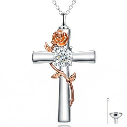YYB Rose Flower Urn Necklaces Cross Birthstone Cremation Jewelry for Ashes Memorial Keepsake Funeral Pendant for Women - color: 04-Apr-CZ.