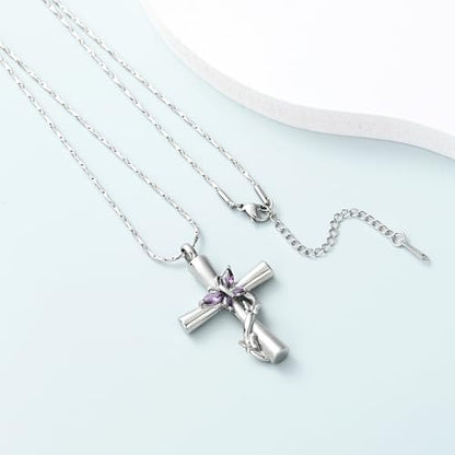 Imrsanl Cross with Butterfly Urn Necklaces for Ashes for Women - color: Silver Purple