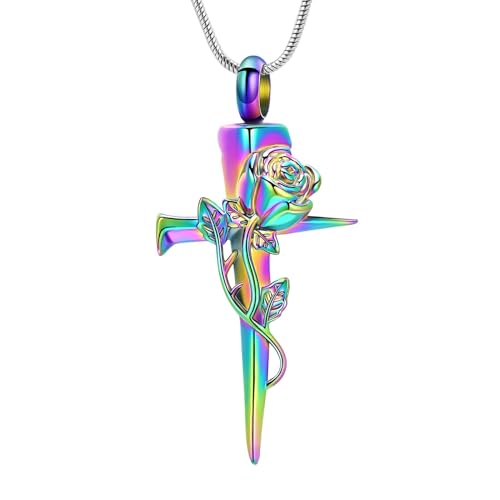 Imrsanl Cremation Jewelry Nail Cross Urn Necklace Pendant | For Humen Pet Ashes, Religious Cross Keepsake, Memorial Loved Ones Ash Holder, For Men Women - color: Rose Flower-Colorful