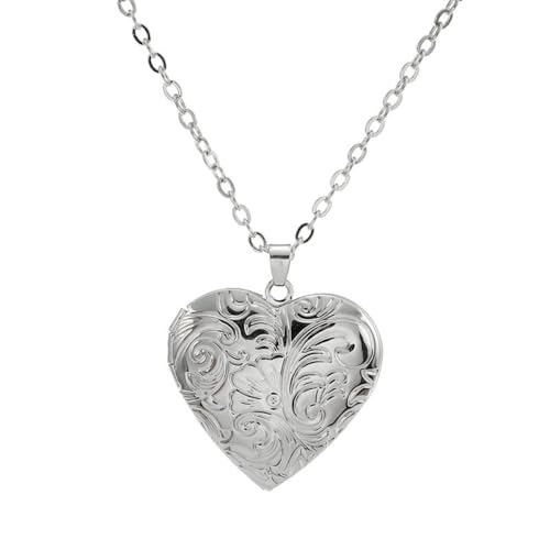 Vintage Engraved Flower Empaistic Photo Locket Pendant Necklaces Dainty Gold Silver Oval Round Heart Locket Hold Photo Picture Clavicle Chain Necklace for Women Men Souvenir Memorial Jewelry - style: Silver D