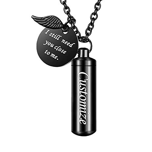 abooxiu Cylinder Urn Necklace for Ashes Cremation Jewelry/Keychain for human Pet Stainless Steel Memorial Keepsake Pendant with Angel Wing Charm Ashes - color: Engraving