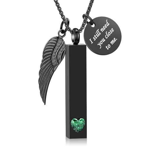 Oinsi Urn Necklaces for Ashes Crystal Cremation Urn Jewelry Birthstone Cube Urns for Human Ashes Memorial Ashes Necklace Pendant Keepsake CZ Bar Urn Locket for Men Women - color: A-Black(Green)