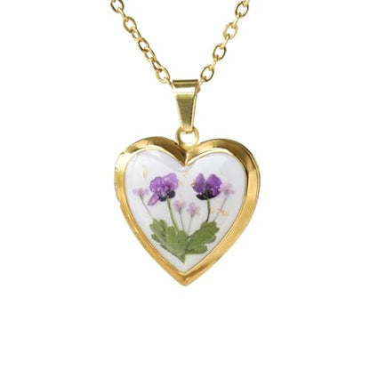 Heart Locket Necklace That Holds Pictures Pressed Flower Photo Locket Pendant Necklace for Girl Women Gift for Her - style: purple baby‘s breath