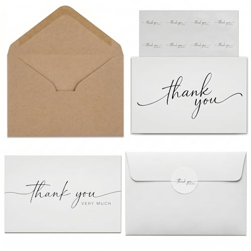 48 Pack Thank You Cards with self seal and kraft Envelopes and Matching Stickers,5x3.5 Inch Minimalistic Design,suitable for Weddings, Business, Baby & Bridal Showers, Graduations & Funerals - color: kraft envelop