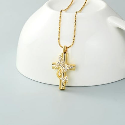 Imrsanl Butterfly Cross Urn Necklace for Ashes Men Women Cremation Jewelry Ashes Pendant for Human Memorial Ash Jewelry - color: Z-Gold