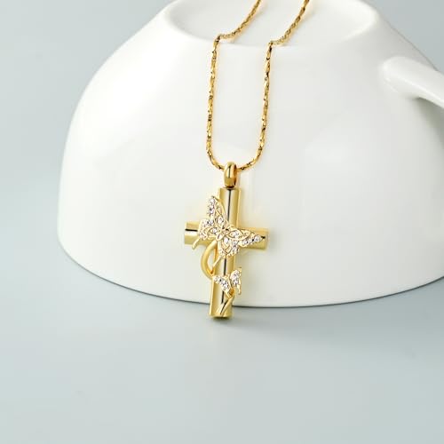Imrsanl Butterfly Cross Urn Necklace for Ashes Men Women Cremation Jewelry Ashes Pendant for Human Memorial Ash Jewelry - color: Z-Gold